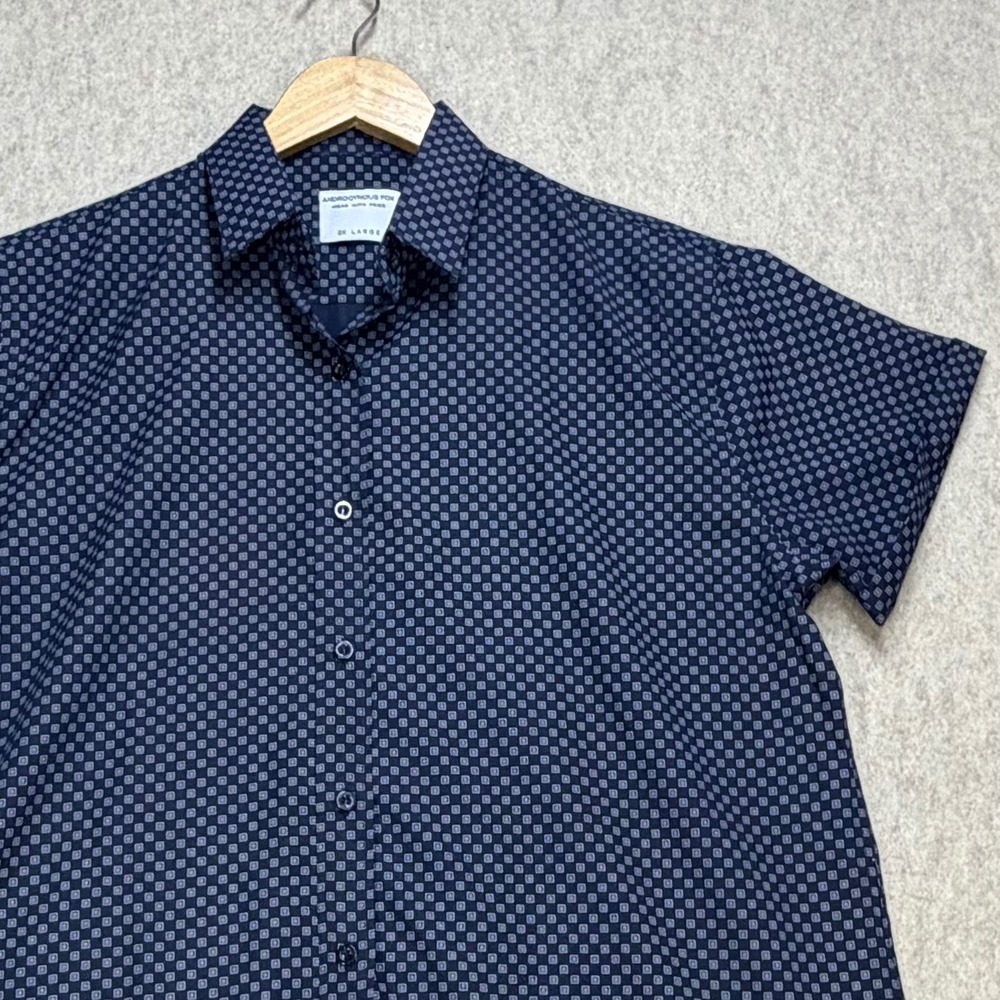 Androgynous Fox Navy Blue Geometric Square Print Short Sleeve Button Down 2XL